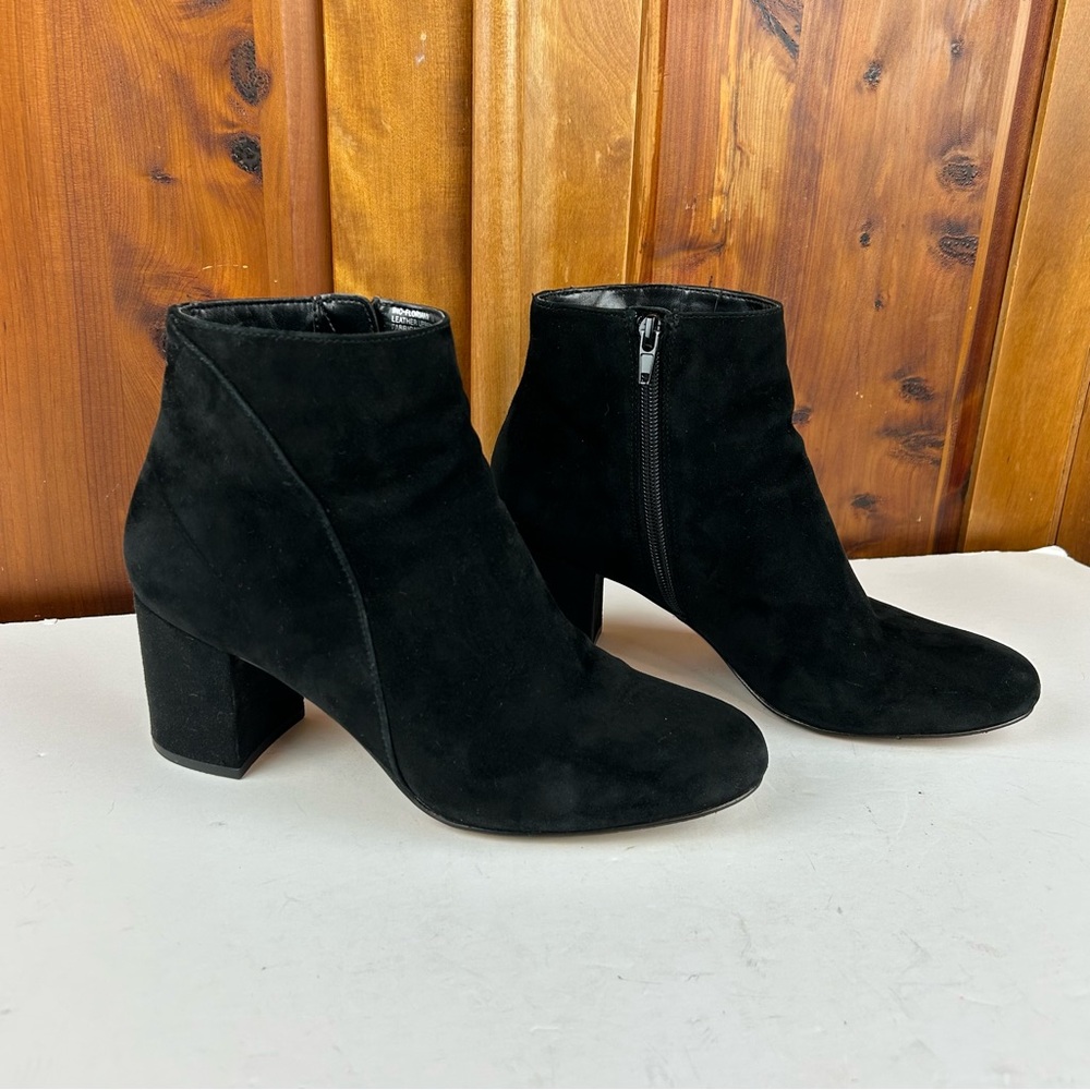 INC Floriann Black Glamcore Suede Block Heel Ankle Booties Classic Minimalist